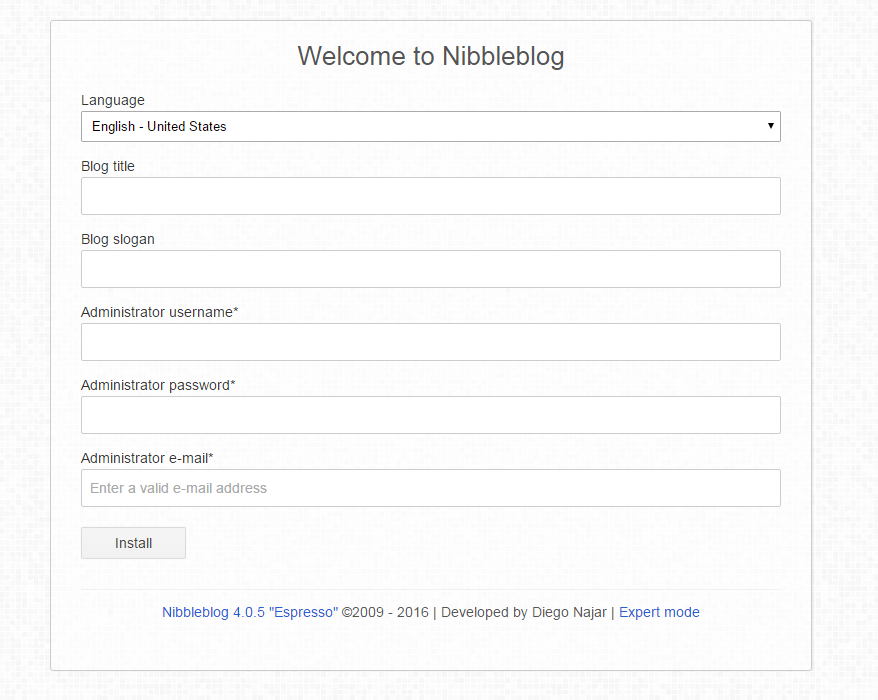 nibbleblog welcome page