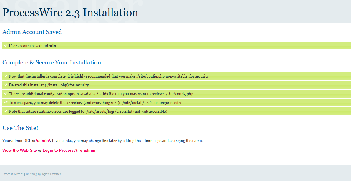 processwire finished install