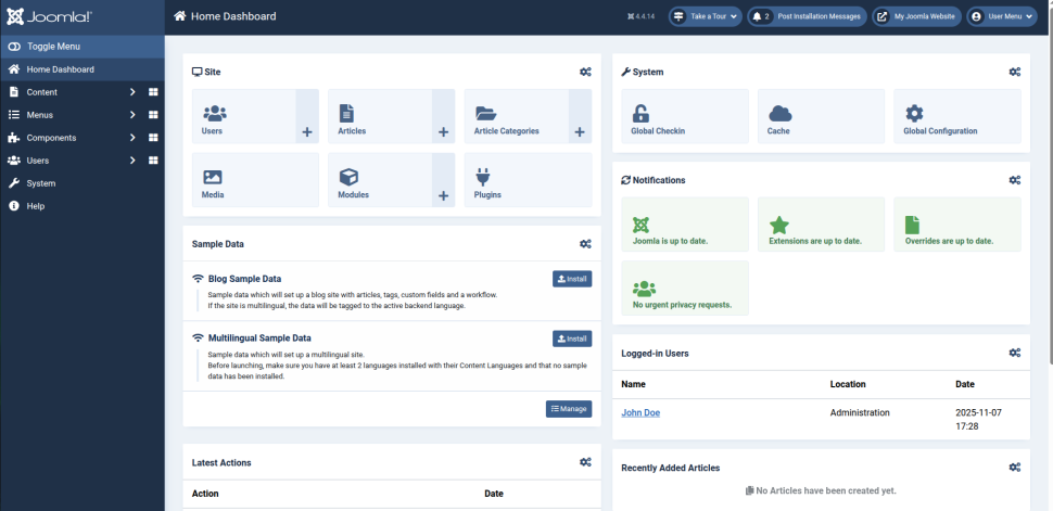 Joomla dashboard